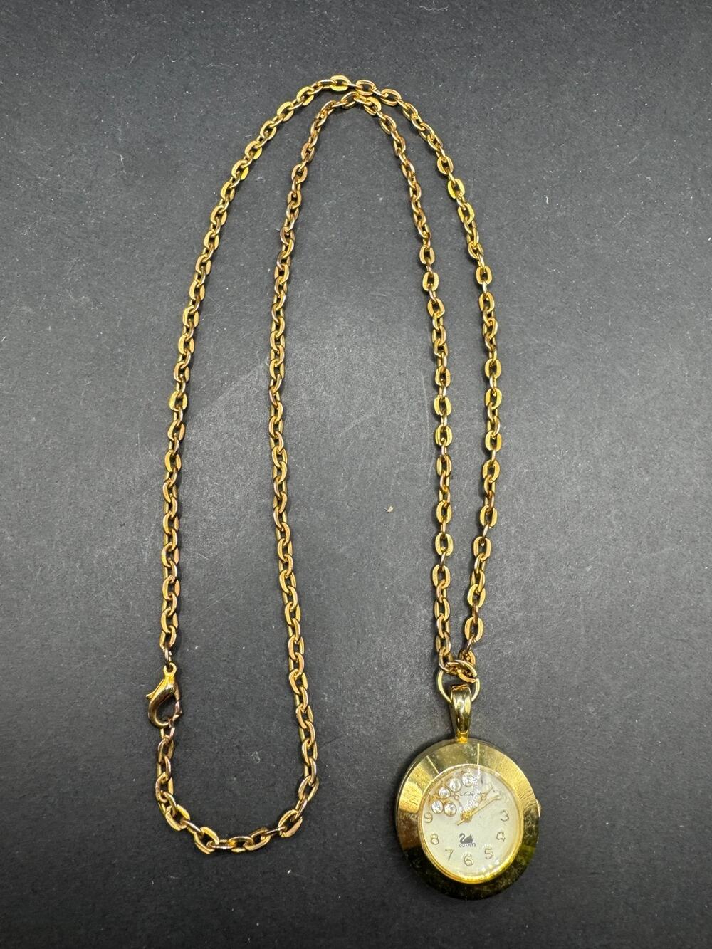 Gloria Vanderbilt Floating Swarovski Crystal Pendant Watch Necklace Gold Tone